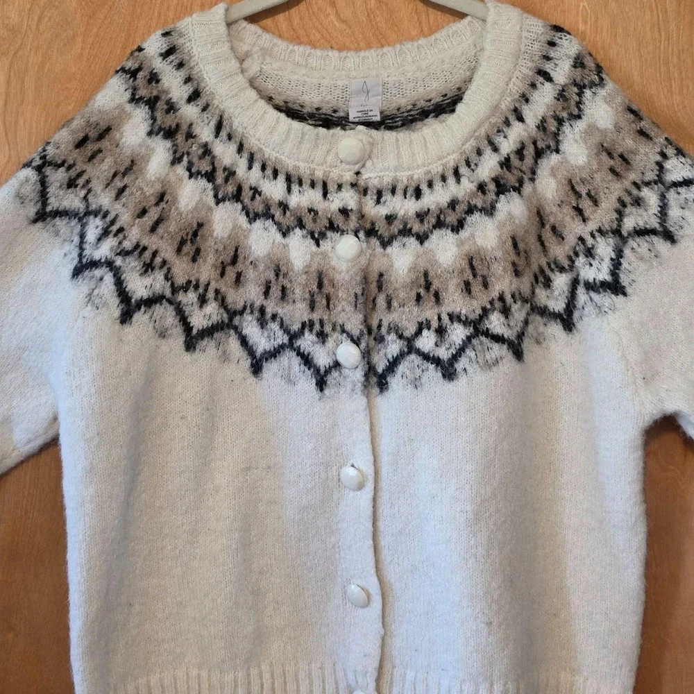 Joie Fair Isle Alpaca Wool Blend Cardigan Cream White XL Nordic Chic Sweater